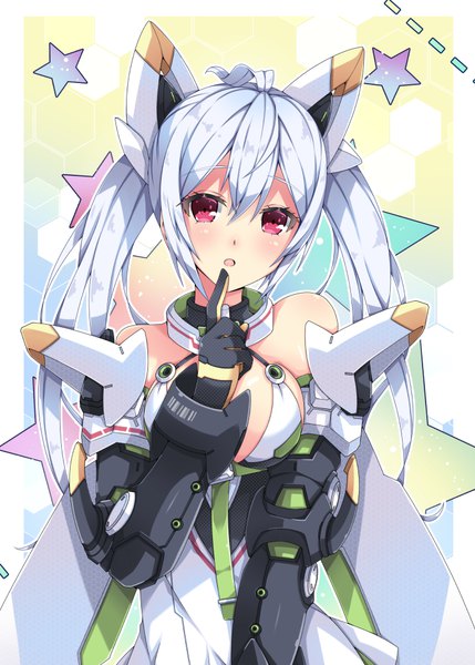 Anime picture 715x1000 with phantasy star phantasy star online 2 sega matoi (pso2) milkpanda single long hair tall image looking at viewer blush open mouth red eyes twintails bare shoulders silver hair girl gloves hair ornament black gloves star (symbol)