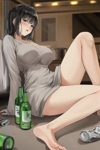 Anime picture 2731x4096 with original lillly single tall image fringe highres short hair breasts open mouth light erotic black hair hair between eyes large breasts sitting bent knee (knees) indoors long sleeves barefoot black eyes arm support