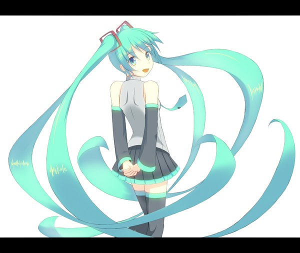 Anime picture 1000x844 with vocaloid hatsune miku tsumuji (kazekirikengo) single long hair looking at viewer blush open mouth simple background smile white background twintails bare shoulders looking back aqua eyes aqua hair turning head letterboxed hands behind back girl