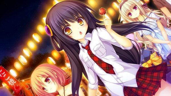 Anime picture 1920x1080 with kujiragami no tearstilla tenkawa mitsuki riru whale mikagami mamizu long hair looking at viewer highres short hair open mouth black hair red eyes wide image multiple girls yellow eyes pink hair game cg white hair girl skirt shirt