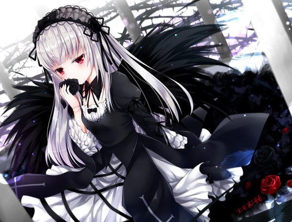 Anime picture 1360x1035 with rozen maiden suigintou omoomomo single long hair fringe red eyes holding signed looking away silver hair blunt bangs long sleeves arm up wide sleeves dutch angle puffy sleeves pale skin covered mouth lolita fashion