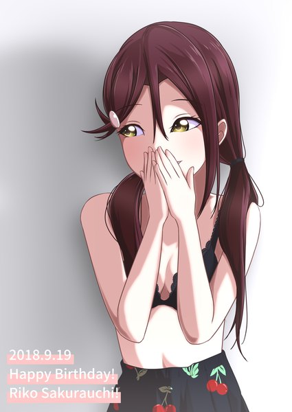 Anime picture 1075x1518 with love live! sunshine!! sunrise (studio) love live! sakurauchi riko teejohn3 single long hair tall image fringe breasts light erotic simple background hair between eyes standing yellow eyes looking away cleavage red hair grey background bare belly