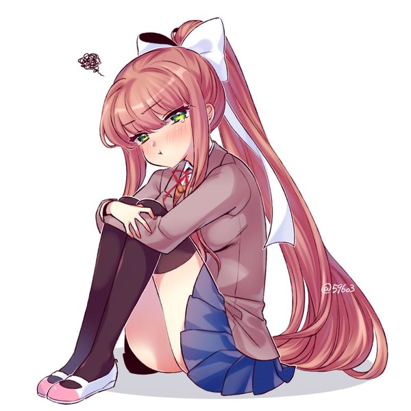 Anime picture 1500x1500 with doki doki literature club monika (doki doki literature club) nan (gokurou) single long hair looking at viewer blush fringe light erotic simple background brown hair white background sitting green eyes signed full body bent knee (knees) ponytail blunt bangs long sleeves