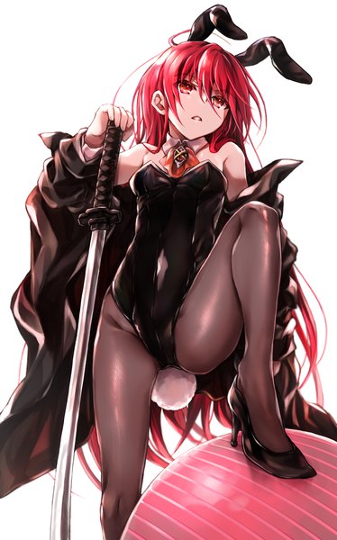 Anime picture 1400x2246 with shakugan no shana j.c. staff shana alastor tachitsu teto single long hair tall image looking at viewer fringe breasts light erotic simple background hair between eyes red eyes white background bare shoulders holding animal ears bent knee (knees)