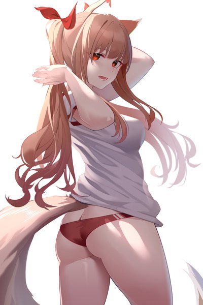 Anime picture 900x1350 with spice and wolf horo kaneko (bblogtinhan) single long hair tall image looking at viewer fringe open mouth light erotic red eyes brown hair standing twintails animal ears payot ass tail :d animal tail