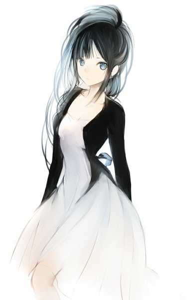 Anime picture 566x882 with original lpip single long hair tall image looking at viewer fringe blue eyes black hair white background payot cleavage open clothes floating hair arm behind back girl dress bow white dress cardigan