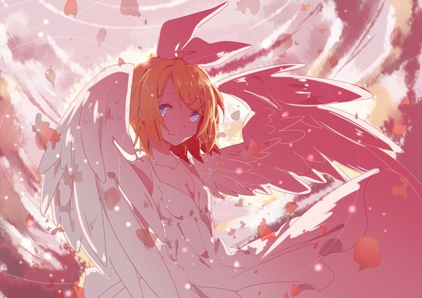 Anime picture 900x636 with vocaloid kagamine rin sourxuan single looking at viewer short hair blue eyes blonde hair smile standing sky cloud (clouds) wind sunlight angel wings white wings girl dress petals wings