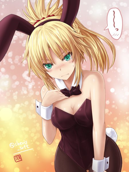 Anime picture 600x800 with fate (series) fate/grand order mordred (fate) haura akitoshi single long hair tall image looking at viewer blush fringe light erotic blonde hair hair between eyes standing bare shoulders green eyes signed animal ears cleavage ponytail