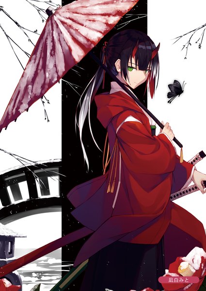 Anime picture 1433x2024 with melonbooks nagishiro mito single long hair tall image looking at viewer fringe black hair smile standing holding green eyes signed payot ponytail blunt bangs traditional clothes japanese clothes multicolored hair horn (horns)