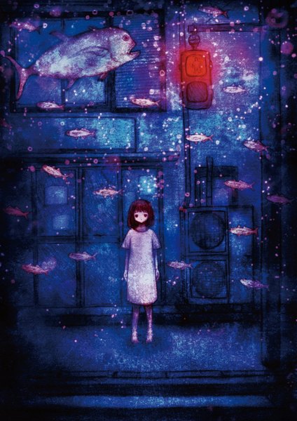 Anime picture 1191x1684 with original roeka18 single tall image looking at viewer fringe short hair black hair brown hair standing barefoot short sleeves glow street abstract girl animal window building (buildings) bubble (bubbles)
