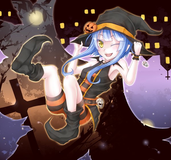 Anime picture 1932x1813 with original shintani tsushiya single long hair highres open mouth yellow eyes blue hair one eye closed wink halloween witch girl boots witch hat skull