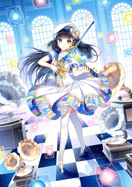 Anime picture 849x1200 with original nardack single long hair tall image looking at viewer blush blue eyes black hair smile green eyes multicolored eyes playing instrument girl thighhighs dress hair ornament white thighhighs beret musical instrument