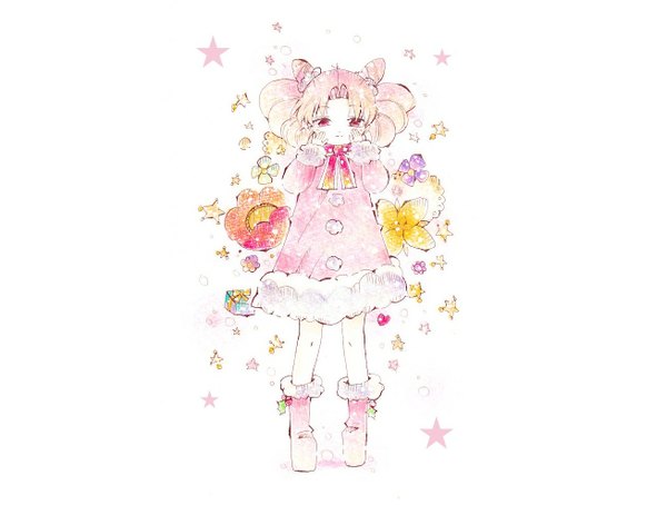 Anime picture 1307x989 with bishoujo senshi sailor moon toei animation chibiusa single long hair looking at viewer simple background standing white background twintails pink hair pink eyes fur trim short twintails christmas girl flower (flowers) star (symbol) fur gift