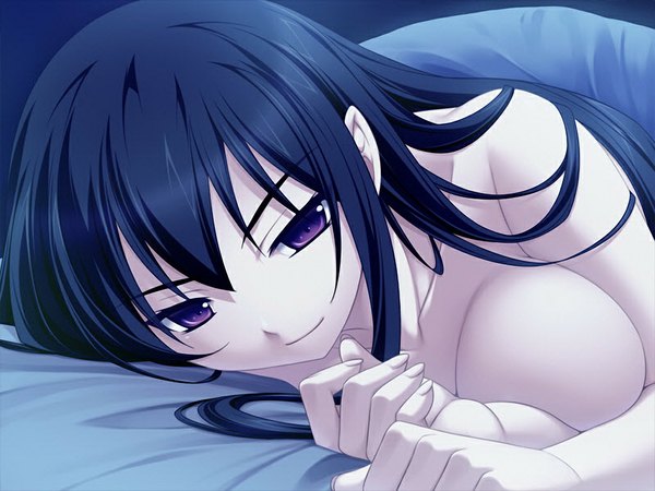 Anime picture 1024x768 with comu -kuroi ryuu to yasashii oukoku- hinaori kagome long hair light erotic black hair purple eyes game cg girl