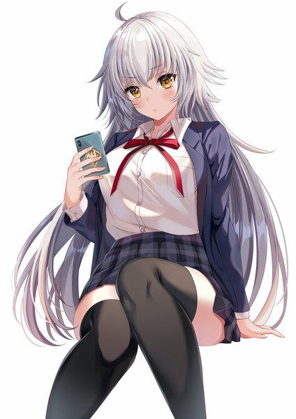 Anime picture 600x848 with fate (series) fate/grand order jeanne d'arc (fate) (all) jeanne d'arc alter (fate) harimoji single long hair tall image looking at viewer blush fringe breasts simple background blonde hair hair between eyes white background sitting holding yellow eyes payot