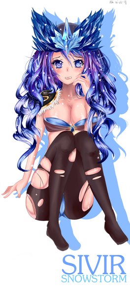 Anime picture 800x1818 with league of legends sivir (league of legends) cksl62 (harmonics) single long hair tall image looking at viewer blush breasts light erotic simple background white background purple eyes purple hair character names torn pantyhose girl underwear panties pantyhose