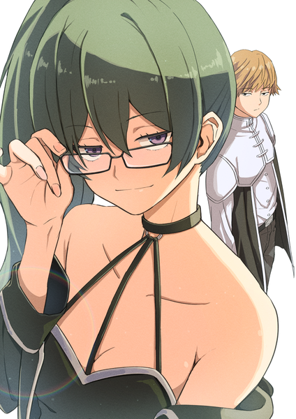 Anime picture 1158x1637 with sousou no frieren ubel (sousou no frieren) land (sousou no frieren) neko (hansinn) long hair tall image looking at viewer fringe short hair simple background blonde hair hair between eyes white background purple eyes green hair side ponytail adjusting glasses girl boy glasses