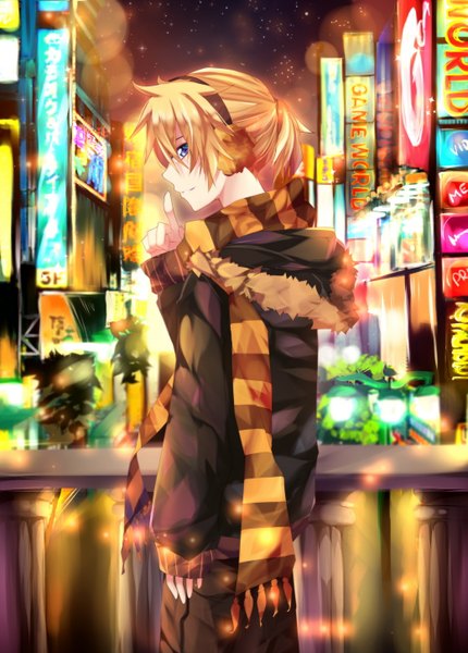 Anime picture 1039x1450 with vocaloid kagamine len squchan single tall image short hair blue eyes blonde hair profile light smile night night sky finger to mouth light street boy scarf fur star (stars) lantern