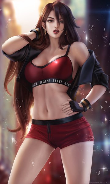 Anime picture 3900x6500 with bare knuckle bare knuckle iv blaze fielding wickellia single long hair tall image fringe highres breasts light erotic hair between eyes brown hair large breasts standing brown eyes looking away absurdres cleavage parted lips