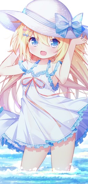 Anime picture 450x938 with original d omm single long hair tall image looking at viewer blush fringe open mouth blue eyes light erotic blonde hair smile hair between eyes standing payot outdoors :d wind arms up