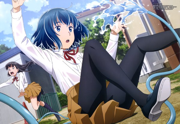 Anime picture 5932x4101 with hinamatsuri megami magazine feel (studio) hina (hinamatsuri) mishima hitomi tsujikami ayaka long hair fringe highres short hair open mouth blue eyes black hair hair between eyes multiple girls brown eyes blue hair looking away absurdres sky