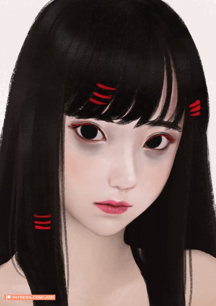 Anime picture 2480x3508 with original alyssa (jubi) jubi (regiana) single long hair tall image fringe highres black hair bare shoulders signed blunt bangs black eyes lipstick portrait red lipstick expressionless girl bobby pin