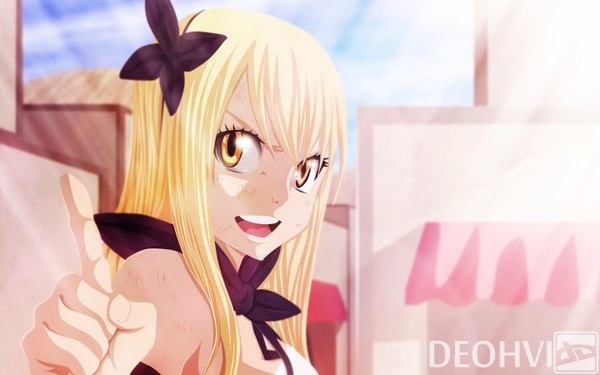 Anime picture 2880x1800 with fairy tail lucy heartfilia deohvi single long hair highres open mouth blonde hair smile wide image sunlight orange eyes coloring girl bow hair bow