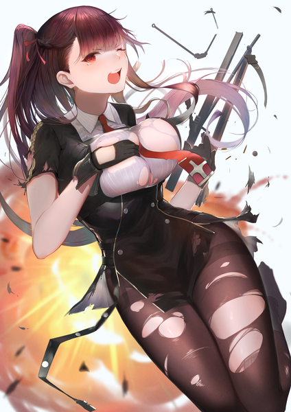 Anime picture 2480x3508 with girls frontline wa2000 (girls frontline) isaka wasabi single long hair tall image looking at viewer blush fringe highres open mouth light erotic simple background red eyes purple hair blunt bangs braid (braids) one eye closed teeth one side up