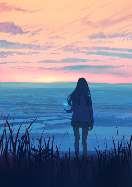 Anime-Bild 5846x8278 mit original goroku single long hair tall image highres black hair standing absurdres sky cloud (clouds) pleated skirt arm up from behind glowing evening sunset horizon field red sky