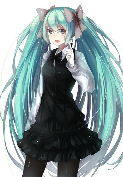 Anime picture 1100x1579 with vocaloid hatsune miku echj single tall image looking at viewer blush open mouth blue eyes simple background white background twintails very long hair aqua hair girl dress bow hair bow pantyhose black pantyhose