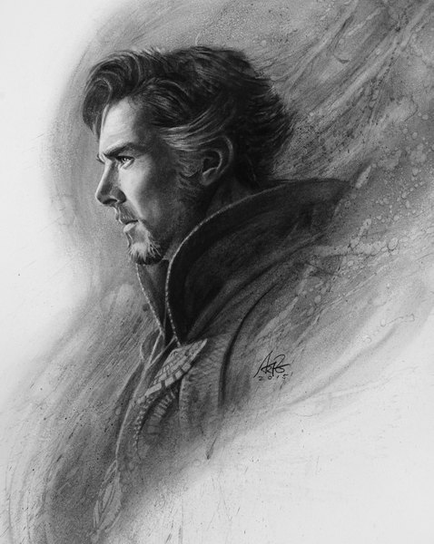 Anime picture 1195x1500 with marvel comics doctor strange benedict cumberbatch artgerm (stanley lau) single tall image short hair signed profile realistic monochrome portrait boy cloak beard mustache