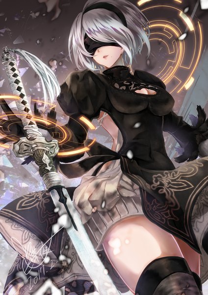 Anime picture 707x1000 with nier nier:automata yorha no. 2 type b tyouya single tall image short hair breasts large breasts signed cleavage silver hair parted lips lips mole from below puffy sleeves back magic dated