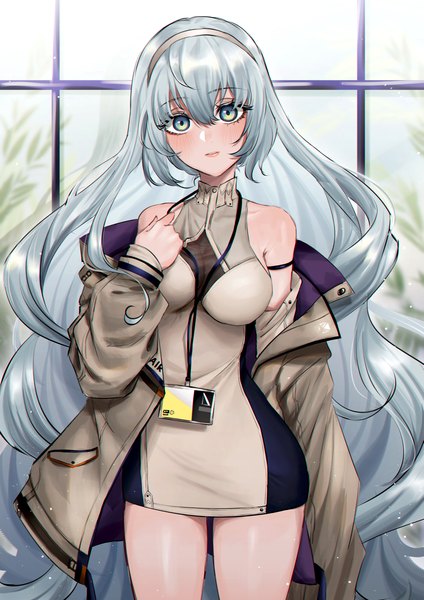 Anime picture 2894x4093 with original expulse single tall image looking at viewer fringe highres breasts hair between eyes standing bare shoulders silver hair long sleeves very long hair head tilt off shoulder open jacket silver eyes anaglyph girl