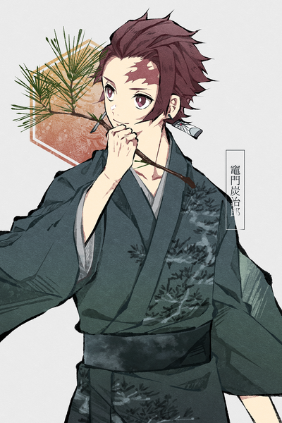 Anime picture 1333x2000 with kimetsu no yaiba ufotable kamado tanjirou yuzunonicomi single tall image short hair simple background red eyes brown hair standing holding looking away upper body traditional clothes japanese clothes grey background character names scar boy