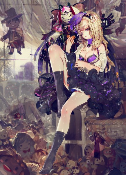 Anime picture 1448x2000 with crab d single long hair tall image looking at viewer blush breasts light erotic blonde hair red eyes sitting cleavage bent knee (knees) barefoot frilly skirt curly hair girl skirt hair ornament plant (plants)