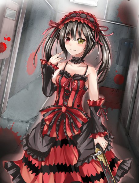 Anime picture 1084x1430 with date a live tokisaki kurumi single long hair tall image blush black hair red eyes bare shoulders yellow eyes heterochromia lolita fashion girl dress weapon gun blood