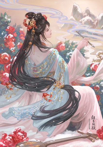 Anime picture 1122x1587 with original yinse qi ji single tall image fringe black hair sitting holding signed looking away sky outdoors very long hair traditional clothes profile realistic wide sleeves grey eyes hieroglyph snowing