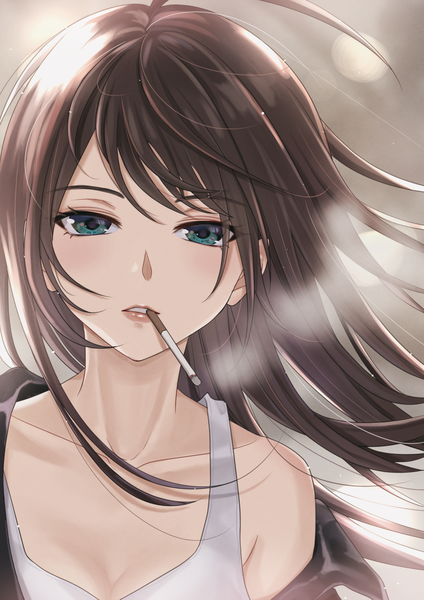 Anime picture 2894x4093 with original kuroneko w1nter single long hair tall image looking at viewer blush fringe highres simple background hair between eyes brown hair holding upper body ahoge parted lips aqua eyes off shoulder floating hair mouth hold