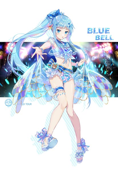 Anime picture 1218x1771 with katekyou hitman reborn bluebell ekita xuan single long hair tall image looking at viewer blush fringe open mouth blue eyes light erotic standing signed payot blue hair full body ponytail blunt bangs midriff