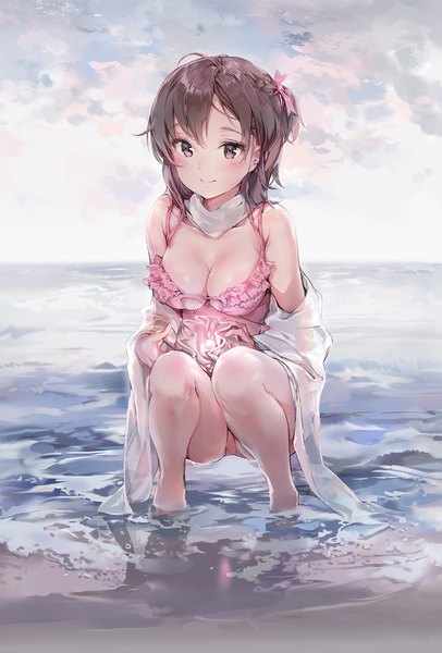 Anime picture 1200x1772 with original anmi single tall image looking at viewer blush fringe short hair breasts light erotic smile hair between eyes brown hair large breasts purple eyes bare shoulders cleavage cloud (clouds) ahoge outdoors