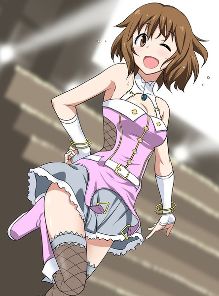 Anime picture 630x850 with idolmaster hagiwara yukiho marugoshi teppei single tall image blush fringe short hair open mouth smile brown hair bare shoulders brown eyes looking away bent knee (knees) one eye closed wink hand on hip outstretched arm pink diamond 765