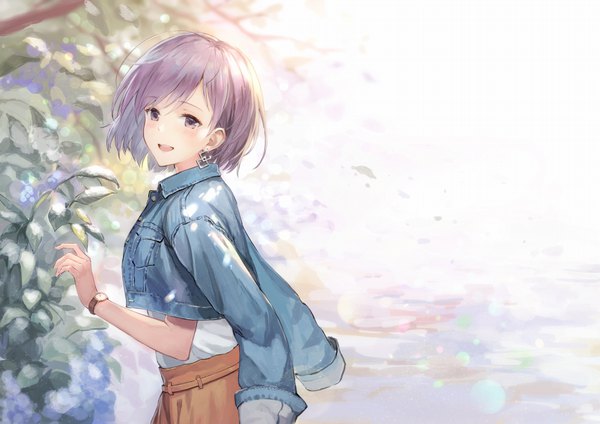 Anime picture 1024x724 with fate (series) fate/grand order mash kyrielight haru (hiyori-kohal) single looking at viewer blush fringe short hair open mouth smile hair between eyes standing purple eyes pink hair outdoors :d lens flare turning head clothes on shoulders