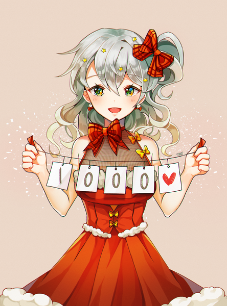 Anime picture 800x1080 with original ggomddak single long hair tall image looking at viewer blush fringe open mouth simple background hair between eyes bare shoulders holding green eyes silver hair sleeveless one side up christmas wavy hair girl