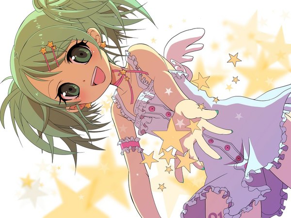 Anime picture 1024x768 with vocaloid hatsune miku hiiro (kikokico) single open mouth smile twintails green eyes green hair short twintails spread arms girl dress hair ornament earrings wings star (symbol) bobby pin child (children) star hair ornament