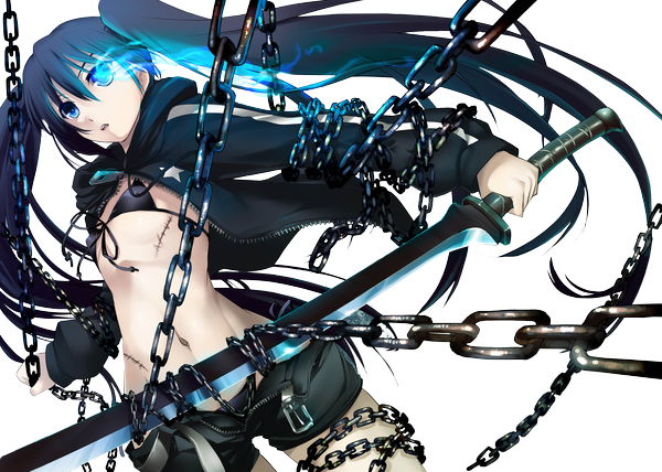 Anime picture 4054x2894 with black rock shooter black rock shooter (character) miki_chan321 (deviantart) single long hair highres open mouth blue eyes light erotic black hair standing twintails looking away absurdres long sleeves glowing scar transparent background glowing eye (eyes) bondage