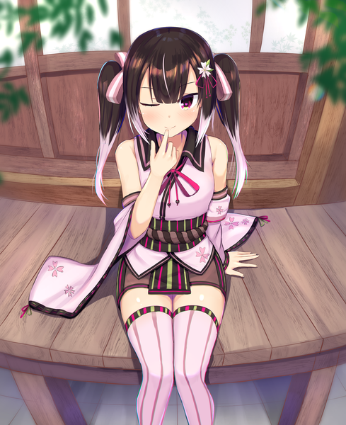 Anime picture 1480x1816 with original shidaidaka single long hair tall image looking at viewer blush fringe black hair hair between eyes sitting twintails bare shoulders payot white hair traditional clothes japanese clothes one eye closed multicolored hair wide sleeves