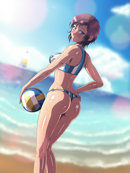 Anime picture 1875x2500 with original reptileye (artist) single tall image blush highres short hair breasts blue eyes light erotic large breasts purple hair ass looking back from behind wet sweat beach girl swimsuit