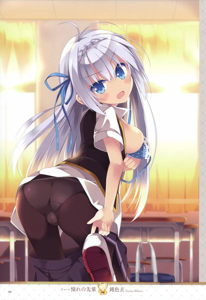 Anime picture 2475x3600 with nibiiro shizuka single long hair tall image looking at viewer blush fringe highres breasts open mouth blue eyes light erotic large breasts silver hair ass open clothes open shirt embarrassed cameltoe breast hold