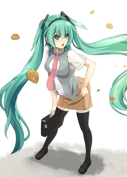 Anime picture 1114x1547 with vocaloid hatsune miku csai (sain) single tall image looking at viewer blush open mouth simple background white background very long hair aqua eyes aqua hair girl thighhighs black thighhighs necktie shoes headphones leaf (leaves)