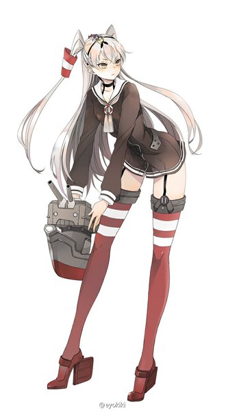 Anime picture 600x1090 with kantai collection amatsukaze destroyer rensouhou-kun eyokiki single long hair tall image blush fringe simple background white background signed yellow eyes looking away silver hair full body leaning two side up leaning forward long legs